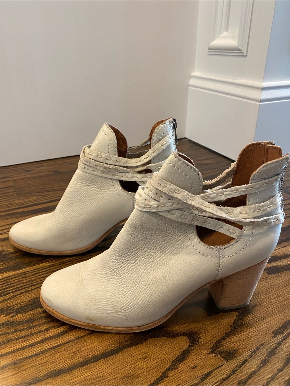 Frye Cream Leather Cutout Ankle Booties with Braided Straps